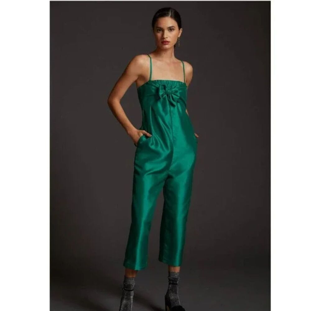 ANTHROPOLOGIE Hutch Kelly Green Bow Tie Straight Leg Cropped Jumpsuit Size Small